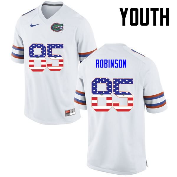 Youth NCAA Florida Gators James Robinson #85 Stitched Authentic USA Flag Fashion Nike White College Football Jersey JZK1665NJ